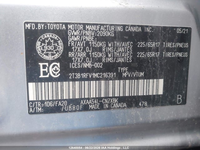 Aukcja sprzedaży 2021 Toyota Rav4 Le, vin: 2T3B1RFV1MC216391, numer aukcji: 12640054