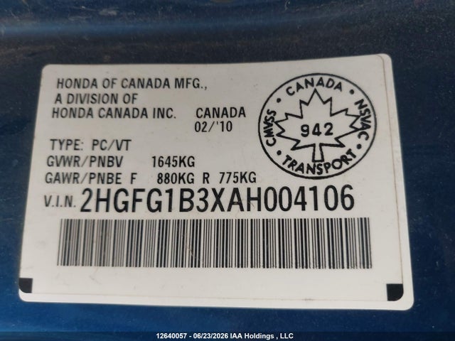 12640057 :رقم المزاد ، 2HGFG1B3XAH004106 vin ، 2010 Honda Civic Dx-g مزاد بيع