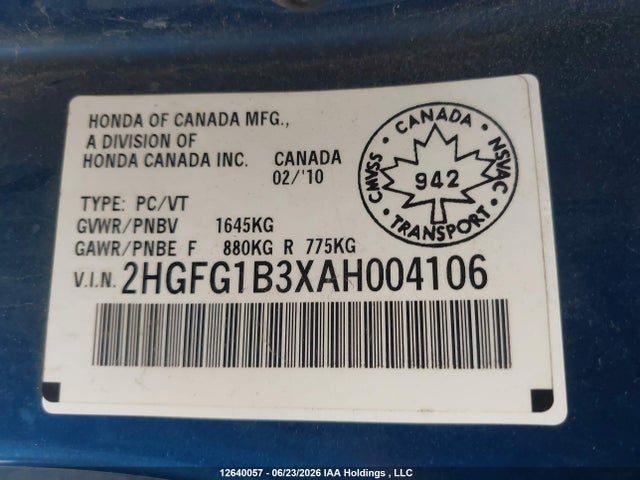 12640057 :رقم المزاد ، 2HGFG1B3XAH004106 vin ، 2010 Honda Civic Dx-g مزاد بيع