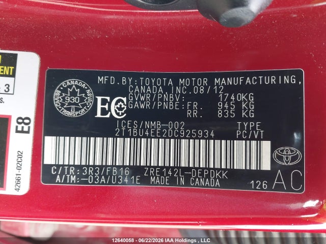 12640058 :رقم المزاد ، 2T1BU4EE2DC925934 vin ، 2013 Toyota Corolla S/le مزاد بيع