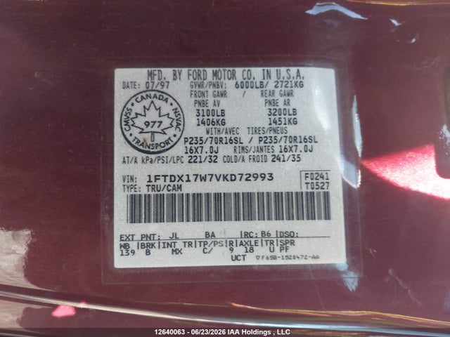 12640063 :رقم المزاد ، 1FTDX17W7VKD72993 vin ، 1997 Ford F-150 Series Lariat/standard/xl/xlt مزاد بيع