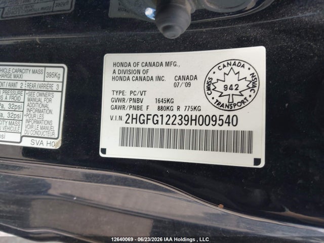 Продаж на аукціоні авто 2009 Honda Civic Dx, vin: 2HGFG12239H009540, номер лоту: 12640069