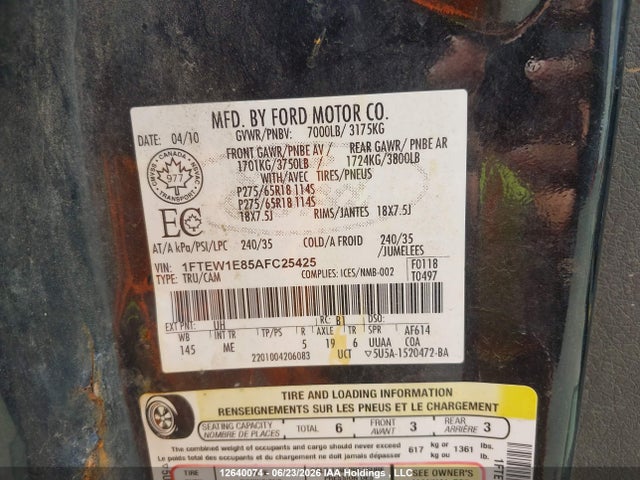 2010 Ford F-150 Xlt მანქანა იყიდება აუქციონზე, vin: 1FTEW1E85AFC25425, აუქციონის ნომერი: 12640074