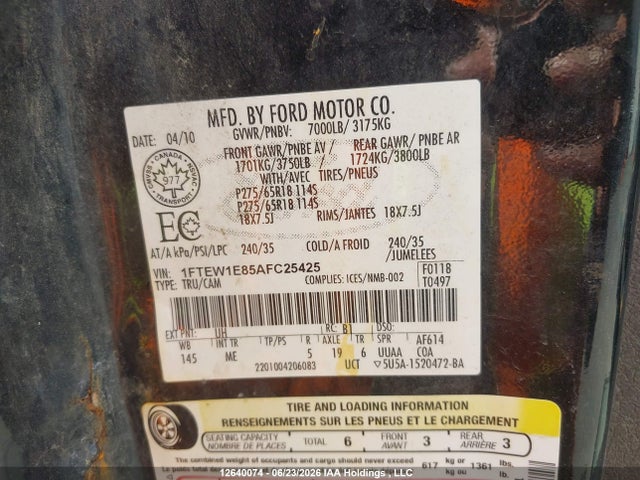 2010 Ford F-150 Xlt მანქანა იყიდება აუქციონზე, vin: 1FTEW1E85AFC25425, აუქციონის ნომერი: 12640074