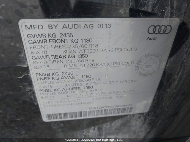 2013 Audi Q5 მანქანა იყიდება აუქციონზე, vin: WA1CFCFP3DA059443, აუქციონის ნომერი: 12640081
