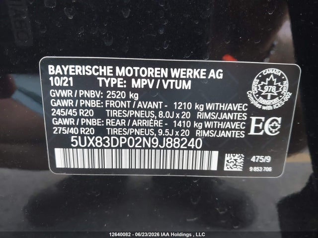 12640082 :رقم المزاد ، 5UX83DP02N9J88240 vin ، 2022 Bmw X3 M40i مزاد بيع