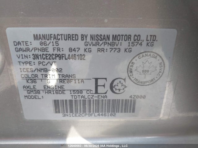 Продажа на аукционе авто 2015 Nissan Versa Note 1.6 S/1.6 Sl/1.6 Sr/1.6 Sv, vin: 3N1CE2CP9FL446102, номер лота: 12640083