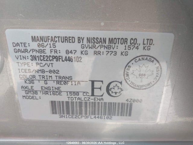 Продажа на аукционе авто 2015 Nissan Versa Note 1.6 S/1.6 Sl/1.6 Sr/1.6 Sv, vin: 3N1CE2CP9FL446102, номер лота: 12640083