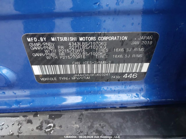 12640084 :رقم المزاد ، JA4AH3AU3KU603241 vin ، 2019 Mitsubishi Rvr Es/se مزاد بيع