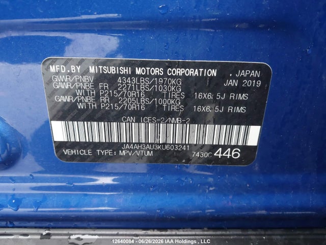 12640084 :رقم المزاد ، JA4AH3AU3KU603241 vin ، 2019 Mitsubishi Rvr Es/se مزاد بيع