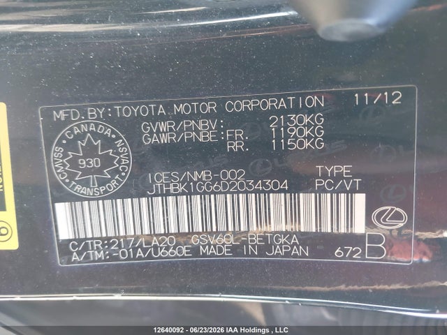 Aukcja sprzedaży 2013 Lexus Es 350 350, vin: JTHBK1GG6D2034304, numer aukcji: 12640092