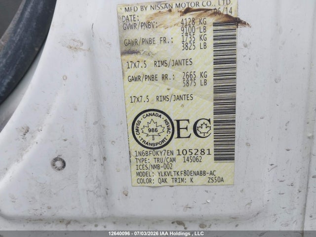 12640096 :رقم المزاد ، 1N6BF0KY7EN105281 vin ، 2014 Nissan Nv 1500/2500 مزاد بيع