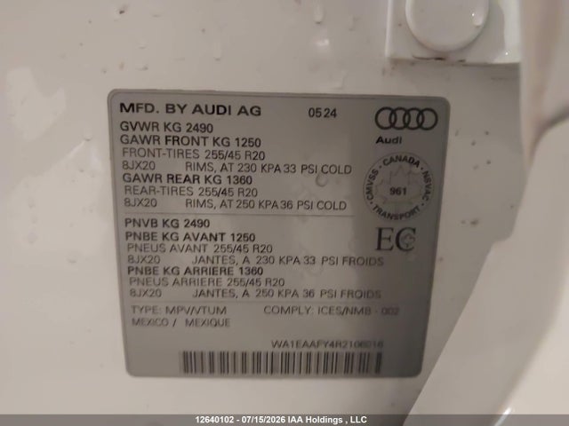 Продаж на аукціоні авто 2024 Audi Q5 45 Progressiv, vin: WA1EAAFY4R2106016, номер лоту: 12640102