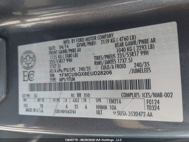Продаж на аукціоні авто 2014 Ford Escape, vin: 1FMCU9GX8EUD28206, номер лоту: 12640119
