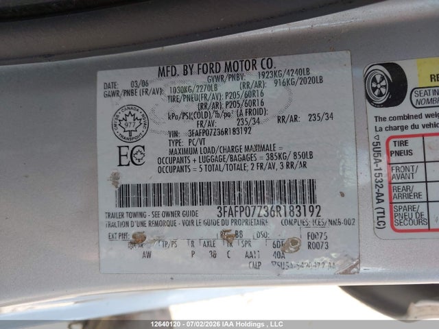12640120 :رقم المزاد ، 3FAFP07Z36R183192 vin ، 2006 Ford Fusion Se مزاد بيع