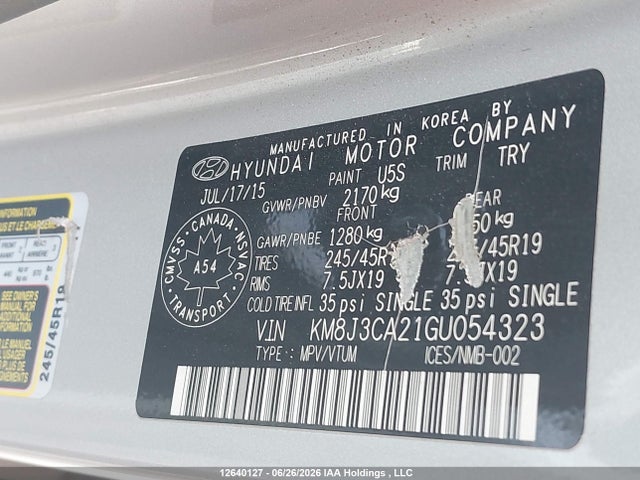 12640127 :رقم المزاد ، KM8J3CA21GU054323 vin ، 2016 Hyundai Tucson مزاد بيع