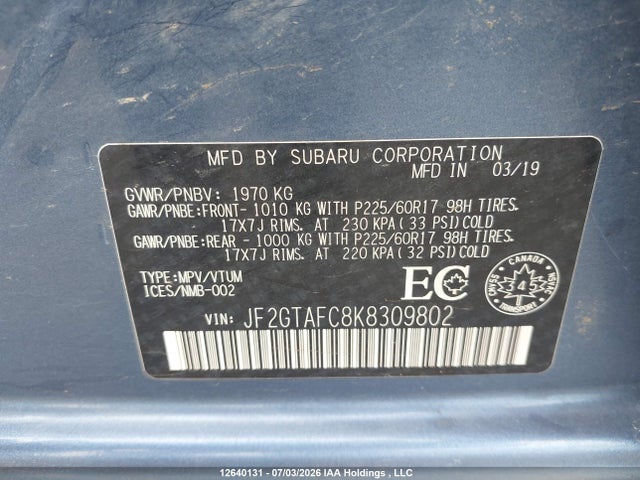 Aukcja sprzedaży 2020 Subaru Crosstrek, vin: JF2GTAFC8K8309802, numer aukcji: 12640131