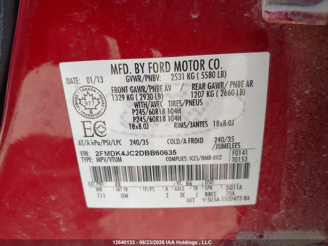 2013 Ford Edge Sel მანქანა იყიდება აუქციონზე, vin: 2FMDK4JC2DBB60635, აუქციონის ნომერი: 12640133