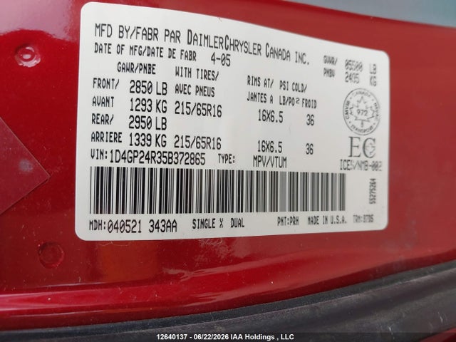 2005 Dodge Grand Caravan მანქანა იყიდება აუქციონზე, vin: 1D4GP24R35B372865, აუქციონის ნომერი: 12640137