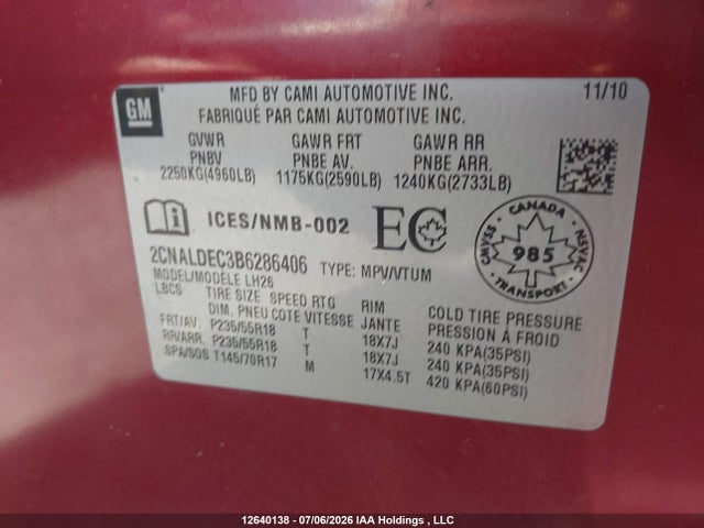 Aukcja sprzedaży 2011 Chevrolet Equinox 1lt, vin: 2CNALDEC3B6286406, numer aukcji: 12640138