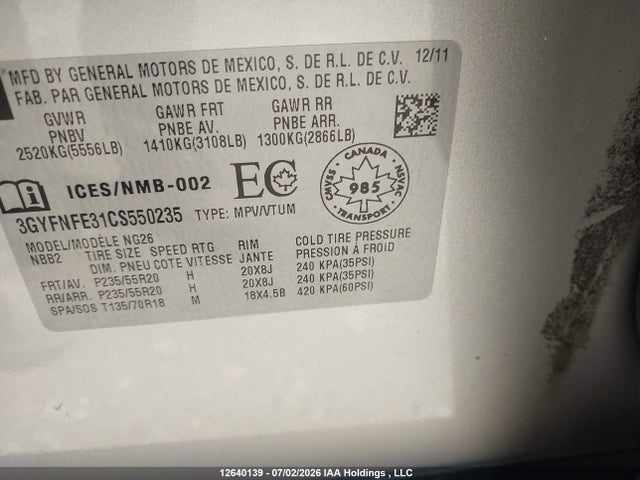 Aukcja sprzedaży 2012 Cadillac Srx Premium Collection, vin: 3GYFNFE31CS550235, numer aukcji: 12640139