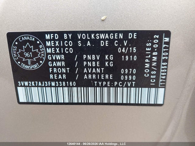 3VW2K7AJ3FM338160 Volkswagen Jetta 2.0l Trendline/2.0l Trendline+