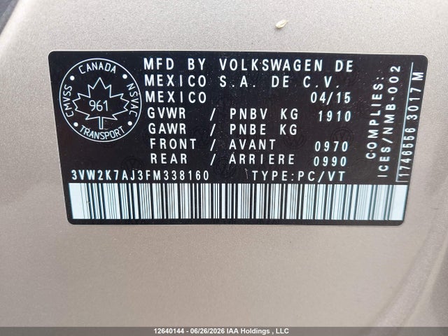 3VW2K7AJ3FM338160 Volkswagen Jetta 2.0l Trendline/2.0l Trendline+