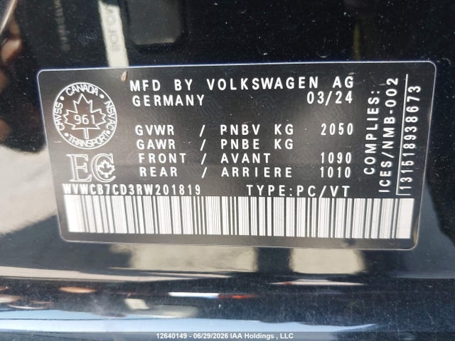 Продажа на аукционе авто 2024 Volkswagen Golf R, vin: WVWCB7CD3RW201819, номер лота: 12640149