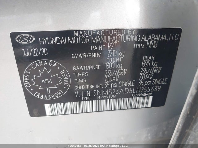 Продаж на аукціоні авто 2020 Hyundai Santa Fe Essential Fwd, vin: 5NMS23AD5LH255639, номер лоту: 12640167