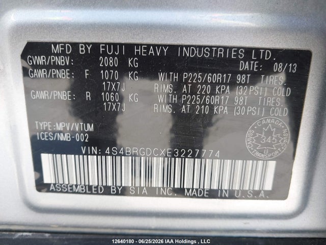 2014 Subaru Outback 2.5i Premium მანქანა იყიდება აუქციონზე, vin: 4S4BRGDCXE3227774, აუქციონის ნომერი: 12640180