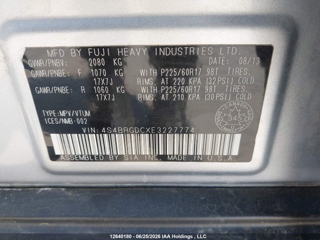 2014 Subaru Outback 2.5i Premium მანქანა იყიდება აუქციონზე, vin: 4S4BRGDCXE3227774, აუქციონის ნომერი: 12640180
