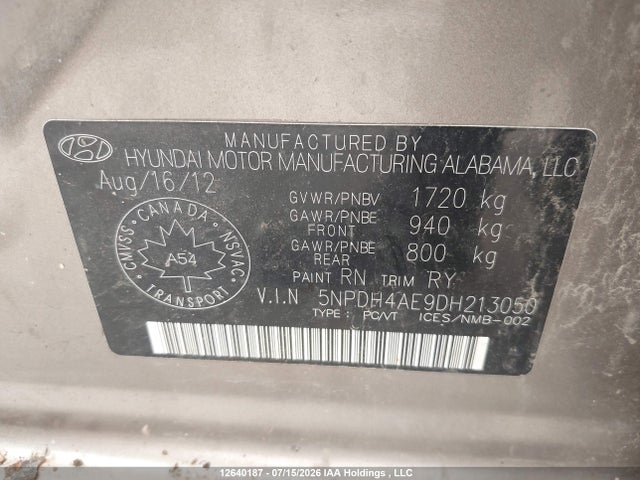 2013 Hyundai Elantra Limited მანქანა იყიდება აუქციონზე, vin: 5NPDH4AE9DH213050, აუქციონის ნომერი: 12640187