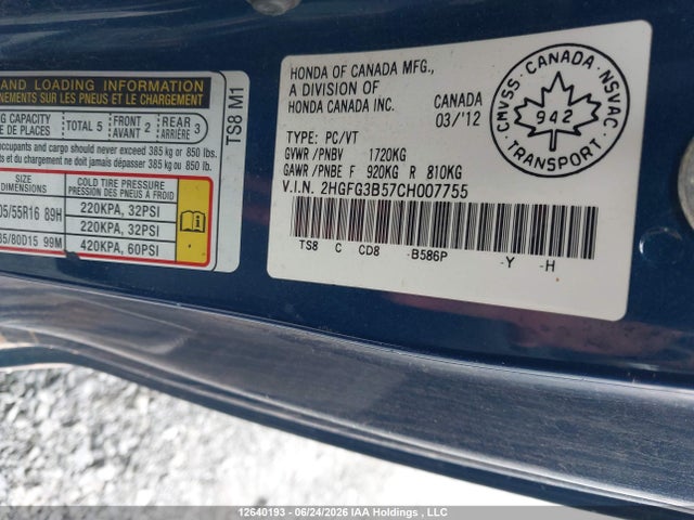 2012 Honda Civic Ex მანქანა იყიდება აუქციონზე, vin: 2HGFG3B57CH007755, აუქციონის ნომერი: 12640193