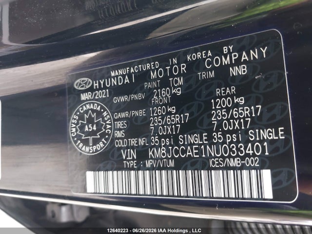 2022 Hyundai Tucson Preferred Awd With Trend Package მანქანა იყიდება აუქციონზე, vin: KM8JCCAE1NU033401, აუქციონის ნომერი: 12640223