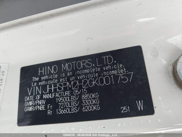 Продаж на аукціоні авто 2016 Hino 195, vin: JHHSPM2H2GK001757, номер лоту: 12640230
