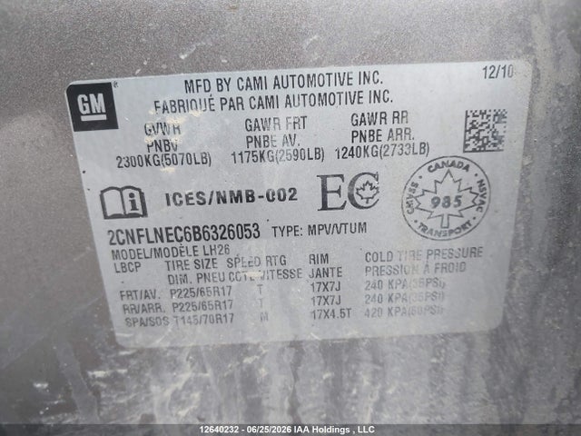 12640232 :رقم المزاد ، 2CNFLNEC6B6326053 vin ، 2011 Chevrolet Equinox 2lt مزاد بيع