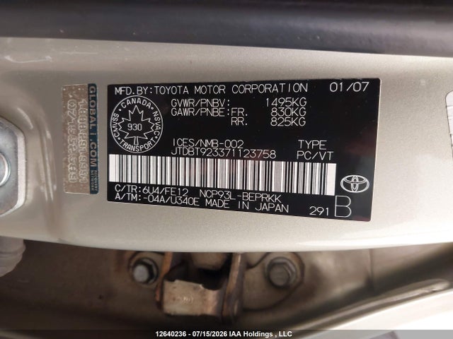12640236 :رقم المزاد ، JTDBT923371123758 vin ، 2007 Toyota Yaris مزاد بيع