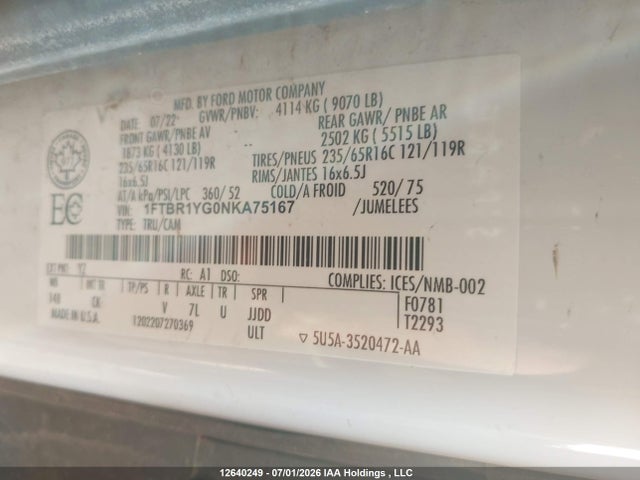 Продаж на аукціоні авто 2022 Ford Transit T-250, vin: 1FTBR1YG0NKA75167, номер лоту: 12640249