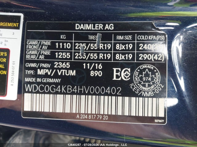 12640257 :رقم المزاد ، WDC0G4KB4HV000402 vin ، 2017 Mercedes-benz Glc 300 4matic مزاد بيع
