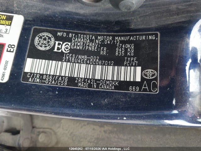 Продажа на аукционе авто 2013 Toyota Corolla S/le, vin: 2T1BU4EE4DC067012, номер лота: 12640262