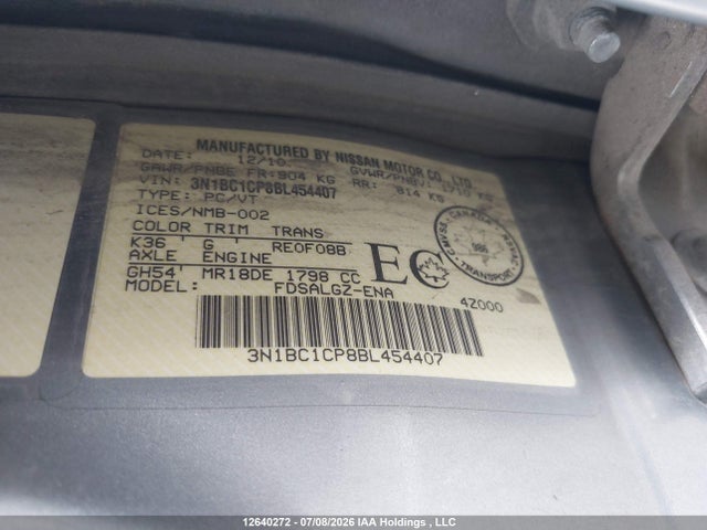 12640272 :رقم المزاد ، 3N1BC1CP8BL454407 vin ، 2011 Nissan Versa S/sl مزاد بيع