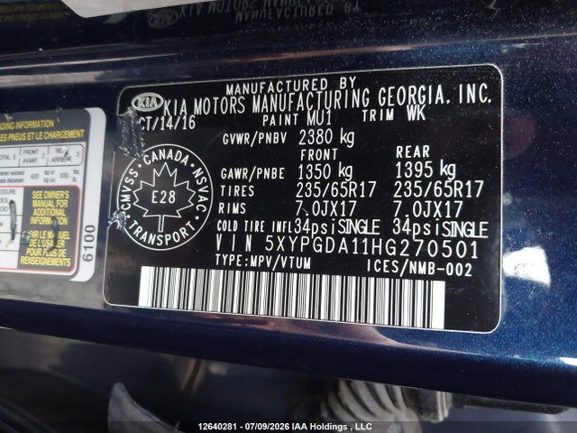 2017 Kia Sorento 2.0l Lx Turbo მანქანა იყიდება აუქციონზე, vin: 5XYPGDA11HG270501, აუქციონის ნომერი: 12640281