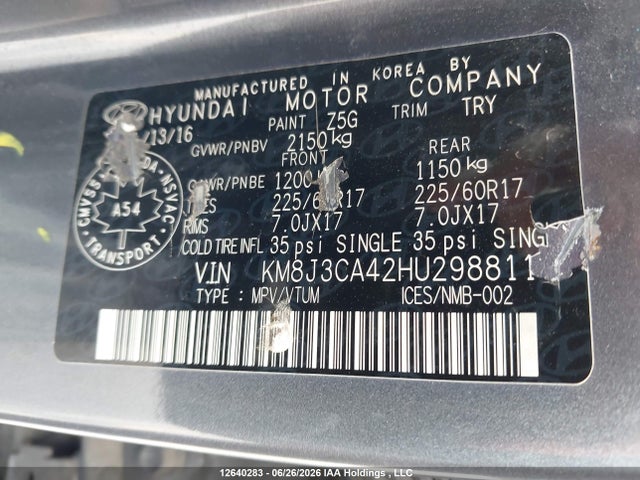 2017 Hyundai Tucson Premium მანქანა იყიდება აუქციონზე, vin: KM8J3CA42HU298811, აუქციონის ნომერი: 12640283