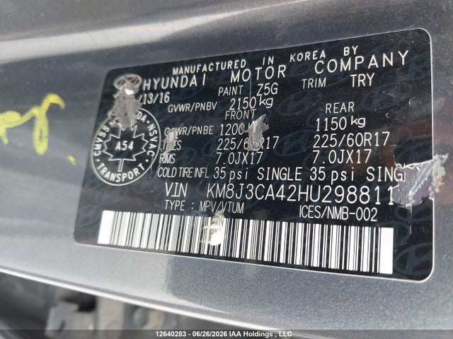 2017 Hyundai Tucson Premium მანქანა იყიდება აუქციონზე, vin: KM8J3CA42HU298811, აუქციონის ნომერი: 12640283