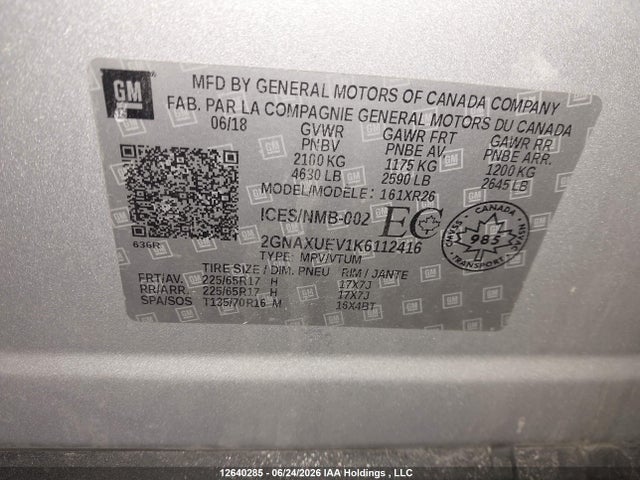 Aukcja sprzedaży 2019 Chevrolet Equinox, vin: 2GNAXUEV1K6112416, numer aukcji: 12640285