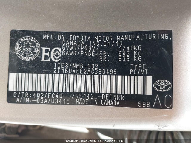 Продаж на аукціоні авто 2010 Toyota Corolla S/le/xle, vin: 2T1BU4EE2AC390499, номер лоту: 12640291