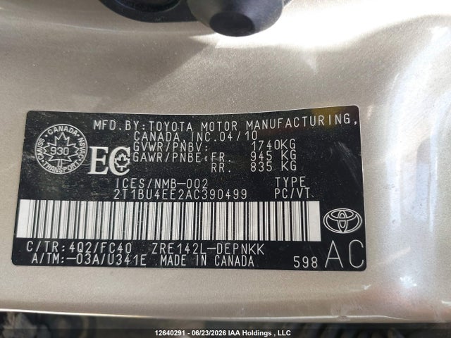 Продаж на аукціоні авто 2010 Toyota Corolla S/le/xle, vin: 2T1BU4EE2AC390499, номер лоту: 12640291