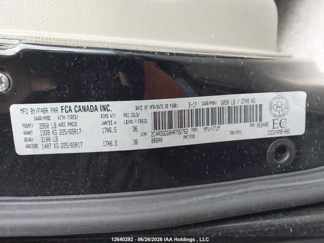 12640292 :رقم المزاد ، 2C4RDGDG0HR792762 vin ، 2017 Dodge Grand Caravan Crew مزاد بيع