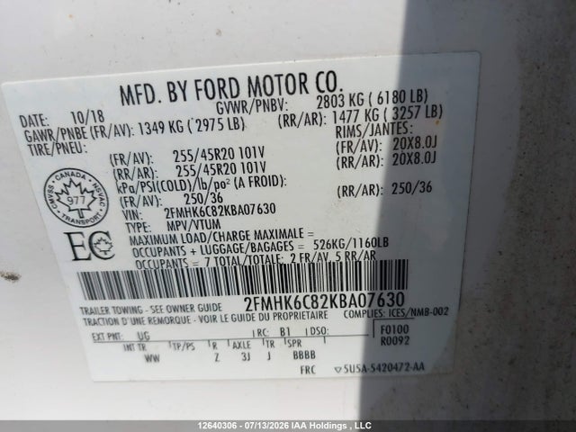 Продаж на аукціоні авто 2019 Ford Flex Sel, vin: 2FMHK6C82KBA07630, номер лоту: 12640306