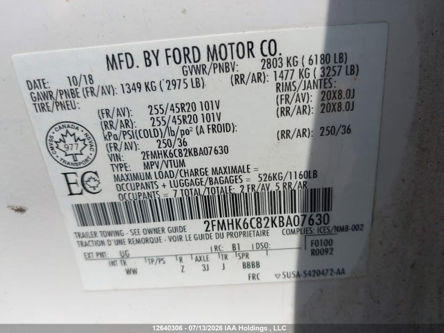 Продаж на аукціоні авто 2019 Ford Flex Sel, vin: 2FMHK6C82KBA07630, номер лоту: 12640306